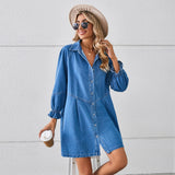 Loose Washed out Long Sleeve Stitching Denim Dress Midi Dress for Women