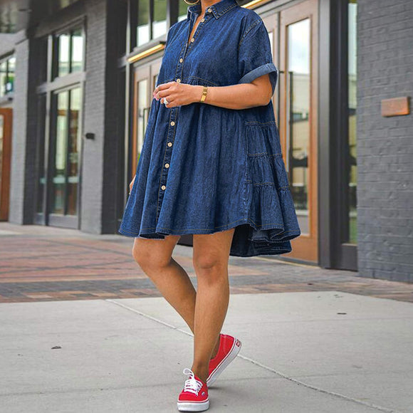 Women Denim Short Sleeve Slim Fit Dress Pettiskirt
