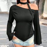 Plus Size Irregular Asymmetric Long Sleeve T shirt off Shoulder Early Autumn Short Slim Bottoming Shirt Top for Women