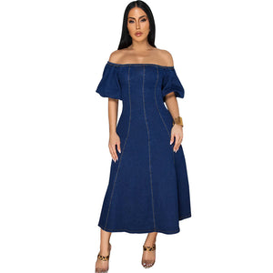Women Clothing Denim Rubber U Collar Short Sleeve Long Pattern Dress