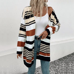 Autumn Winter Women Color Matching Long Sweater Cardigan