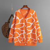 Women Clothes Autumn Winter Jacquard Sweater V neck Long Line Pattern Baggy Coat