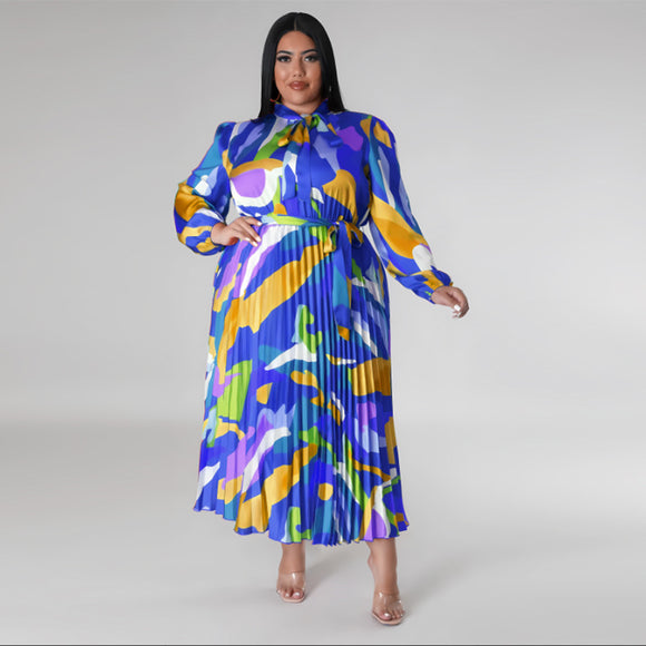 Plus Size Fall Women Clothing Pleated Collar Long Sleeve Dress