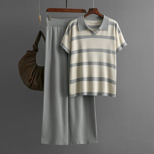 Summer Mixed Color Stripe Polo Collar Casual Short Sleeve Knitted Top Solid Color Loose Wide Leg Pants Two Piece Set