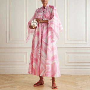 Autumn Winter Printed Long Sleeve Stand Collar Dress Loose Casual Holiday Dress