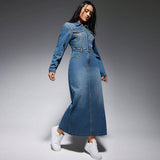 Women Clothing Women Long Sleeve Collared Button Split Maxi Dress