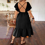 Spring Black Elegant French Overknee Ruffled Short Sleeves Square Collar Slimming Backless Dress