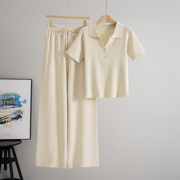 Summer Loose Slimming Short Sleeve Knit Casual Top Wide Leg Sweatpants Two Piece Sets Women
