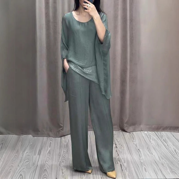 Summer Women Printed Ice Silk Breathable V neck Loose Wide Leg Pants Casual Set