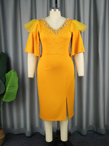 Plus Size V neck Bead Dress Boutique Women Clothes Flared Sleeves One-Step Dress