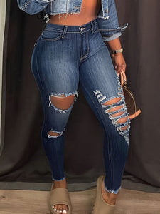 Women Clothing Holes Stretch Jeans Trousers
