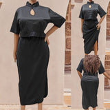 Plus Size Women Skirt Set Women Clothing National Retro Top plus Split Dress Two Piece Set