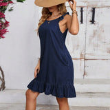 Women Clothing Denim Dress round Neck Sleeveless Pleated Edge Short Dress