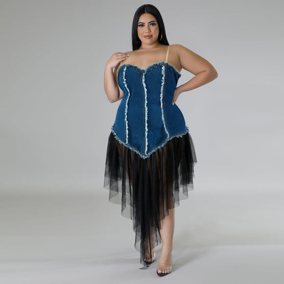 Plus Size Sling off Neck Women Clothing Denim Stitching Mesh Dress