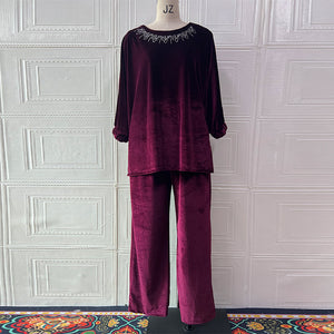 Spring Gold Velvet Western Slimming round Neck Pullover Straight Leg Pants Two Piece Set