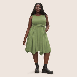 Plus Size Women Round Neck Sleeveless Vest Pocket Solid Color Irregular Asymmetric Dress