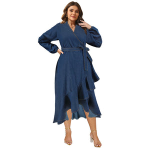 Plus Size Women Clothing Denim Tied Long Sleeves Irregular Asymmetric Maxi Dress Source