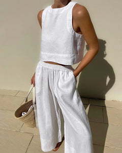 Casual plus Size Loose Solid Color Sleeveless Shirt Trousers Two Piece Sets