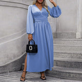 Plus Size Women Clothes Sexy V Neck Tight Waist Large Slit Hemline Long Sleeve Dress