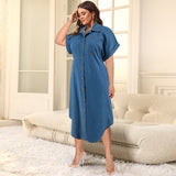 Plus Size Women Clothing Denim Short Sleeved Button Mid Length Width Dress