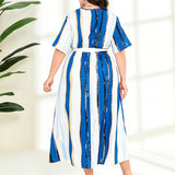 Plus Size Women Clothing Spring Summer Colorblock Striped Printed Lace up Sexy V neck Short Sleeve