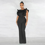 Women Clothing Summer Ruffled round Neck Solid Color Jumpsuit
