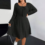 Plus Size Autumn Winter Women Clothing Square Collar Long Sleeve Waist Mini Fleece Sunken Stripe Dress