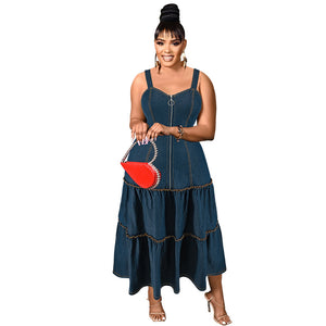 Plus Size Women Sleeveless Collarless Sling Long Denim Dress