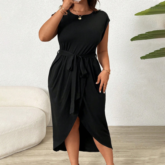 Plus Size Women Round Neck Short Sleeve Dress Summer Elegant High Grade Mid Dress Women