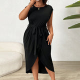 Plus Size Women Round Neck Short Sleeve Dress Summer Elegant High Grade Mid Dress Women