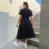 Plus Size Spring V Neck Slit Midi Dress Solid Color Slim Fit Office Short Sleeve Dress