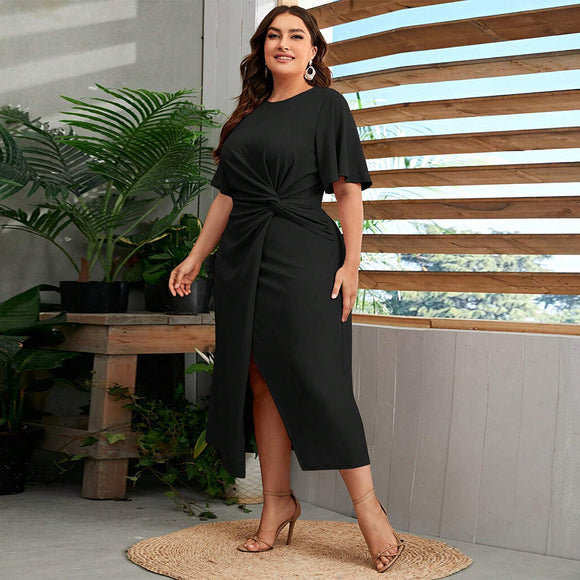 Plus Size Women Clothing Round Neck Pleated Dress Summer Elegant All Match A Line Midi Dress