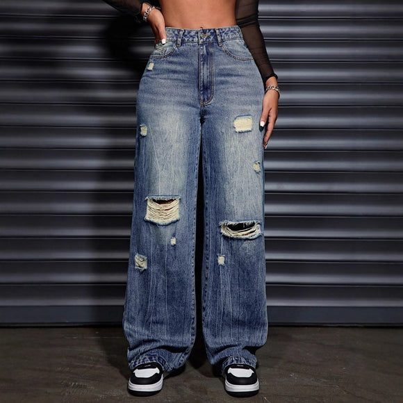 Women Clothing Casual Loose Straight Ripped Denim Trousers