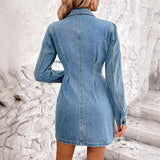 Retro Waist Controlled Slimming Long Sleeve Denim Dress
