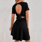Women Clothing Sexy Backless Lace up V neck Flounced Short Office Dress