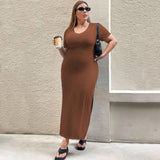 Plus Size Women Clothes Waist Controlled Split Short Sleeve Dress Sheath Dress