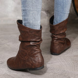 Women Boots Round Toe Low Heel Low Top Sleeve Faux Leather Women Leather Boots All Match Simple Slip On Women Ankle Boots