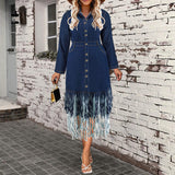 Plus Size Women Clothing Stitching Denim Collared Long Sleeve Tassel Mid Length Dress