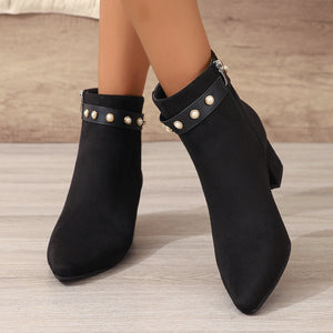 Black Pearl Microfiber Women Ankle Boots Pointed Toe Chunky Heel Low Heel Height Increasing Women Boots Belt Low Tube Women Boots