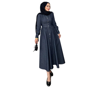Women Clothing Graceful Fashionable Denim Retro Casual Waist Tight Swing Maxi Dress