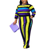 Plus Size Women Clothes Autumn round Neck Long Sleeve Striped Leggings
