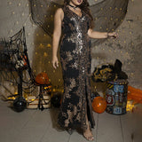 plus Size Autumn Sexy Dress Sequined Embroidered Sleeveless Women Evening Dress
