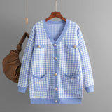 Sweater Women Loose V neck Houndstooth Long Sleeve Knitted Cardigan Coat Contrast Color