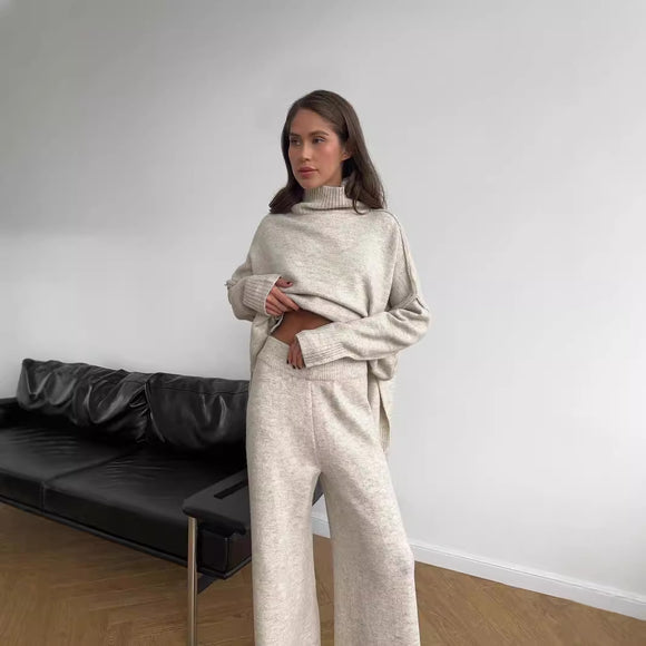 High Neck Split Wool Sweater Women Loose Casual Lazy Knitted Trousers Two Piece Set