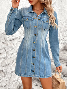 Retro Waist Controlled Slimming Long Sleeve Denim Dress