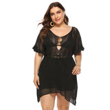 Plus Size Women Clothes Irregular Asymmetric Hollow-out Sexy See-through Woven Wooden Ear Beach Dress Crochet