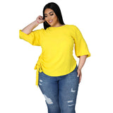 Plus Size Summer Solid Color round Neck Women Woman T shirt Irregular Asymmetric Medium Long Sleeve Top