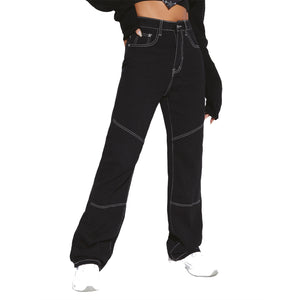 Women Clothing Casual Stitching Stretch Flared Pants Denim Pants
