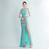 Heavy Industry Ostrich Hair Craft Beading Hair Oblique Shoulder Side Slit High End Evening Dress