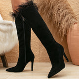 Spring Suede Pointed Toe Stiletto Short Boots Women Stitching Feather Side Zipper Four Seasons Elegant Boots